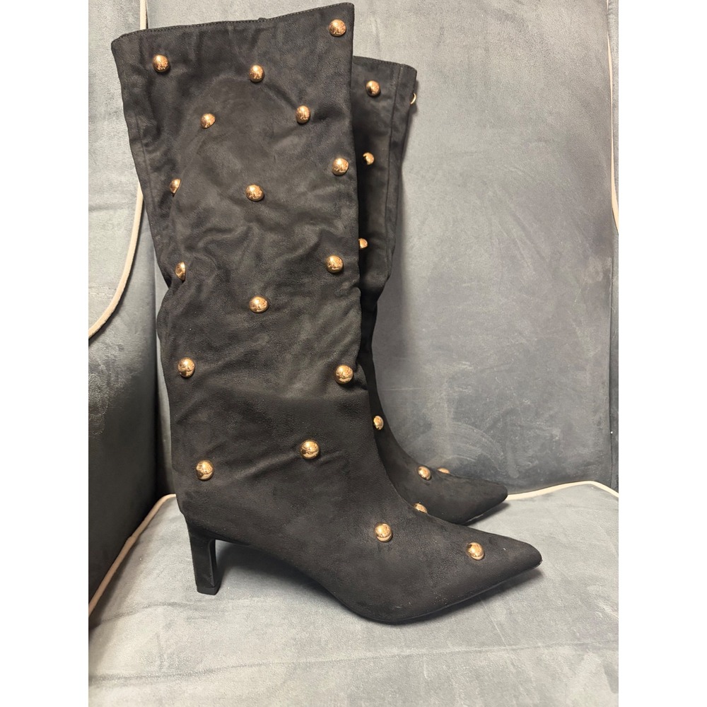 A New Day Justice‎ Tall Boots Jet Black Gold Studded Pointed Toe Kitten Heel 8